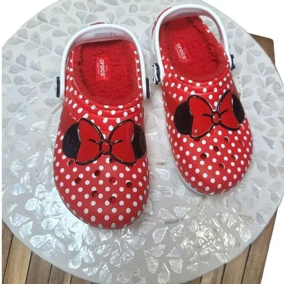 Crocs Kids Minnie Mouse Lined Classic Clog Red Polka Dot Cozy Disney Parks Size - Picture 10 of 12